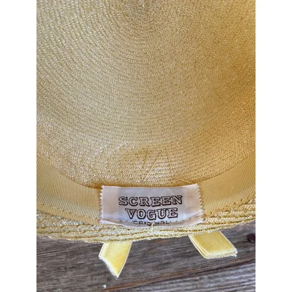 Vintage 1950s Yellow Straw Pill Box Hat Rhinestones MOD - Picture 6 of 15